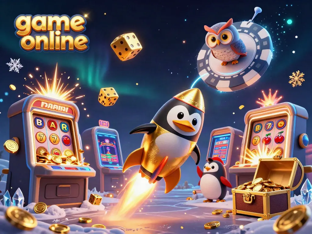 Experience thrilling game online adventures with a golden penguin flying towards a casino chip space station.