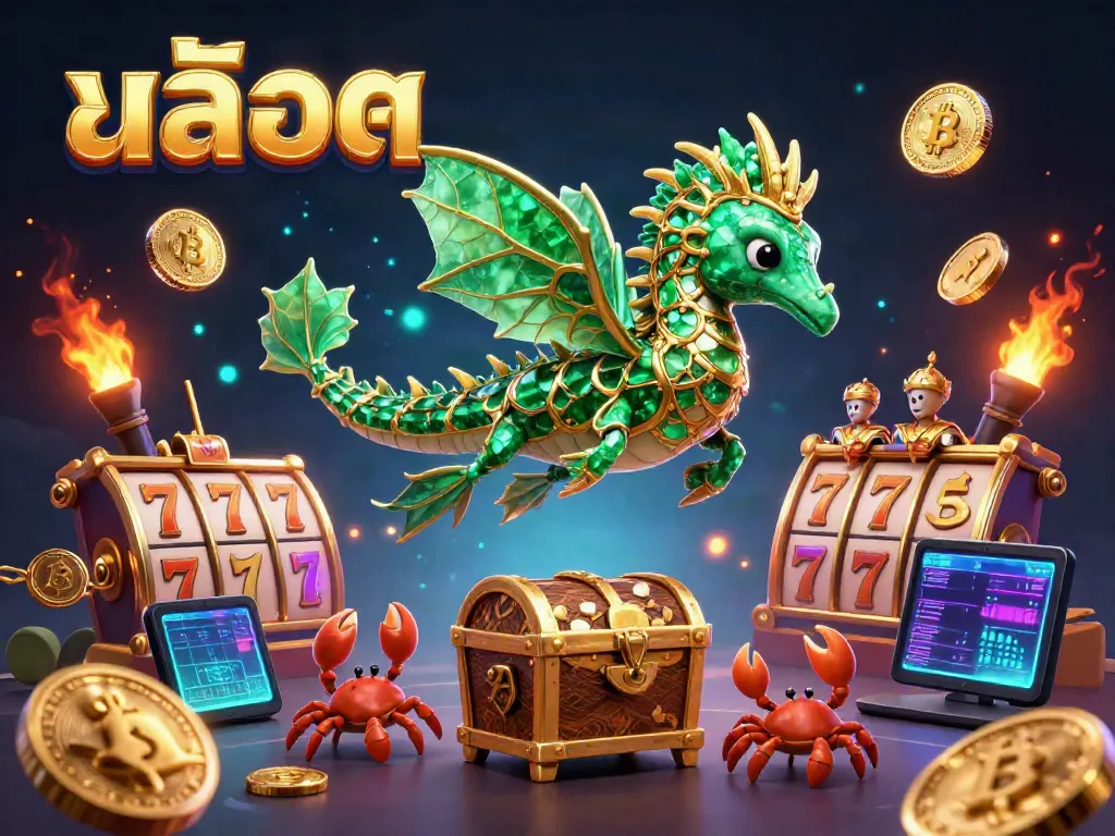 Engage in สล็อต action with vibrant slot reels, a royal sea dragon, and blockchain elements in 3D.