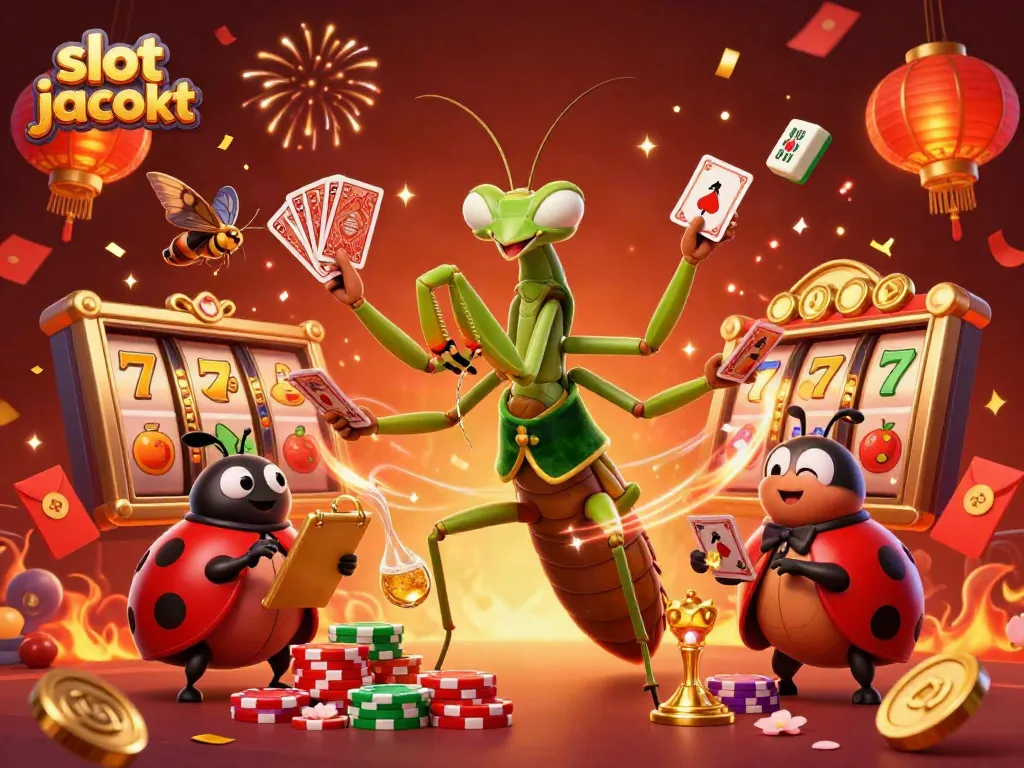 Momen meriah kemenangan pada slot jackpot dengan makhluk 3D kartun dan elemen kasino yang menarik.