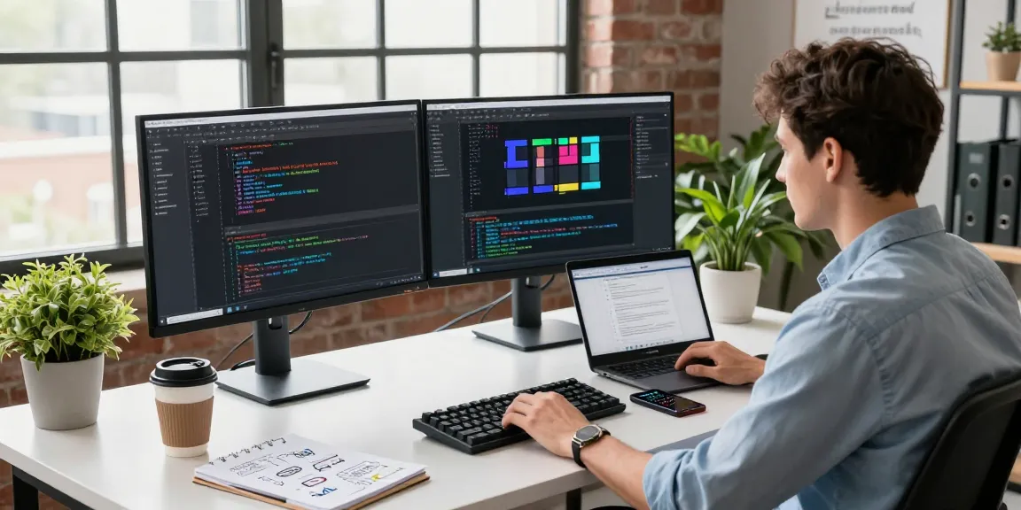 Build internal tools with AI in a modern workspace featuring a developer coding at a standing desk with dual monitors.