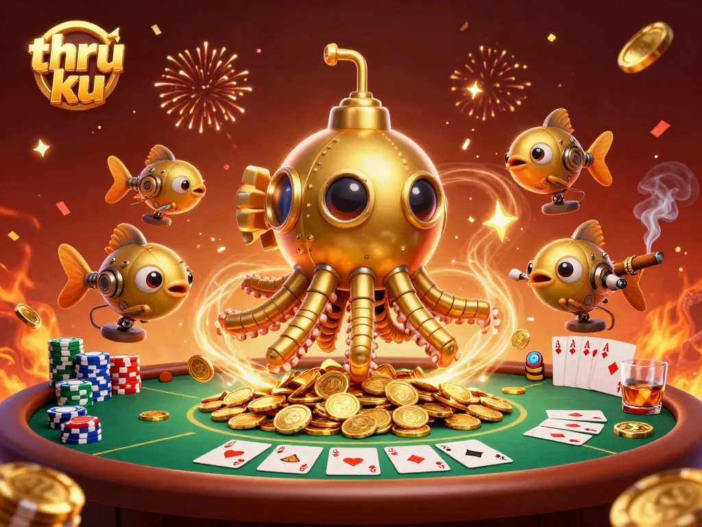 Engage with thrilling gameplay at thr ku casino, featuring a golden kraken submarine amidst poker excitement.