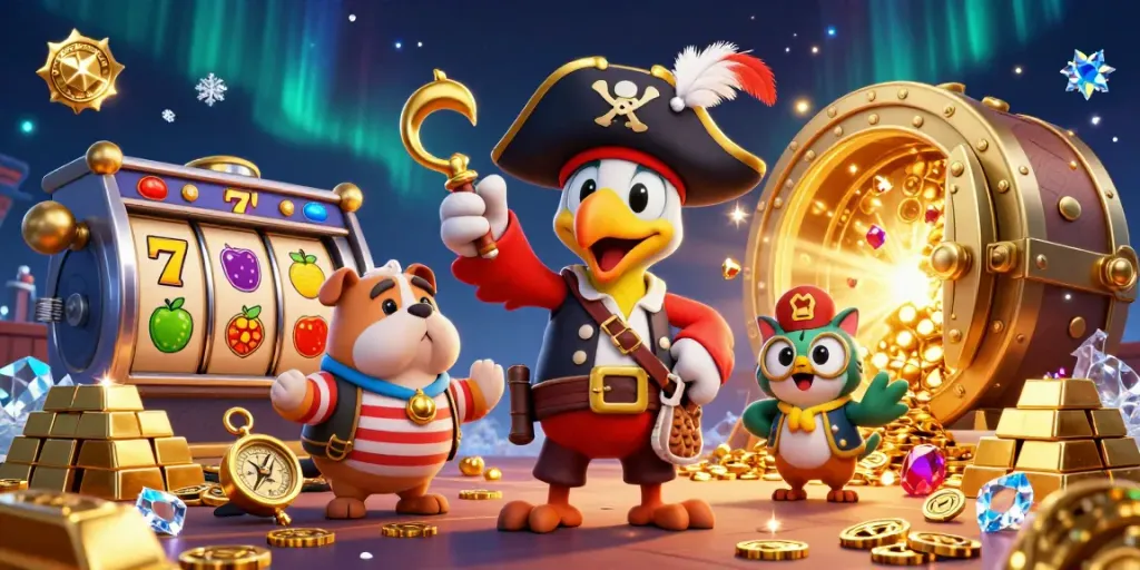 Experience gaming excitement with sumseltoto, featuring a dynamic casino scene filled with slot reels and pirate characters.