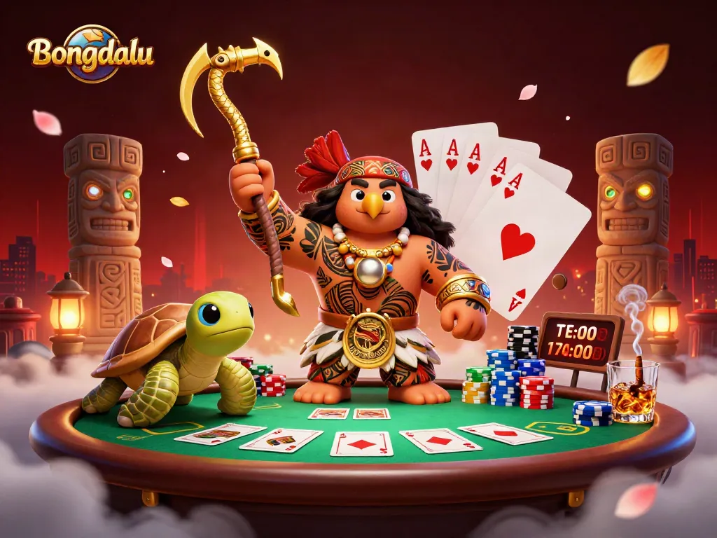 Bongdalu showcases a vibrant scene with a demigod hawk at a poker table, emphasizing strategy and winning tactics.