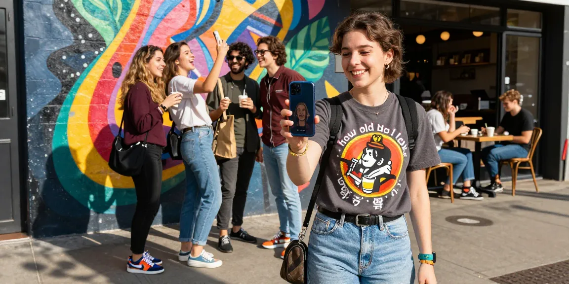 Young person discovering how old do I look with friends in vibrant urban setting.