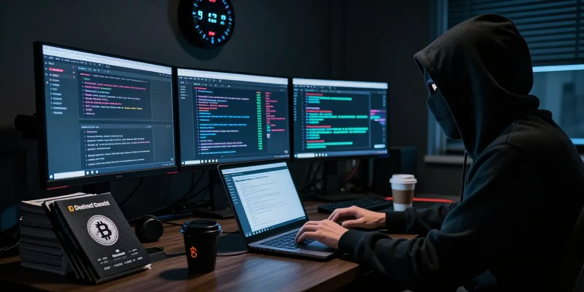 Security reviews in a dark web hacker's workspace with glowing screens and cryptocurrency tools.