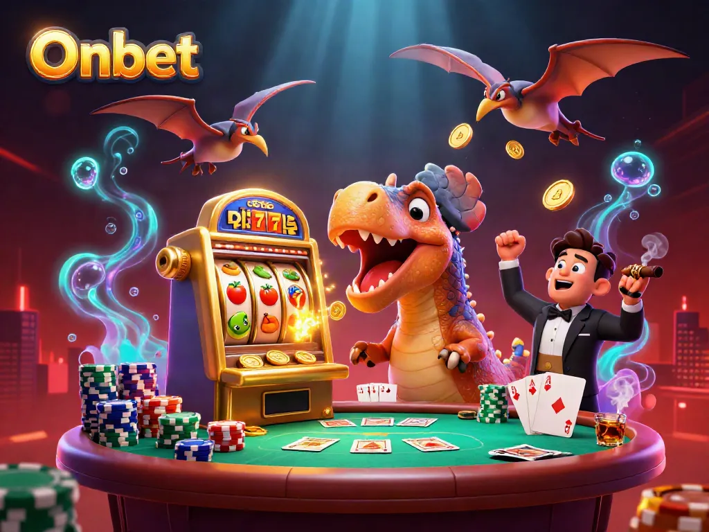 Onbet's thrilling casino scene featuring a pachycephalosaurus winning jackpots while a panicked manager oversees the action.