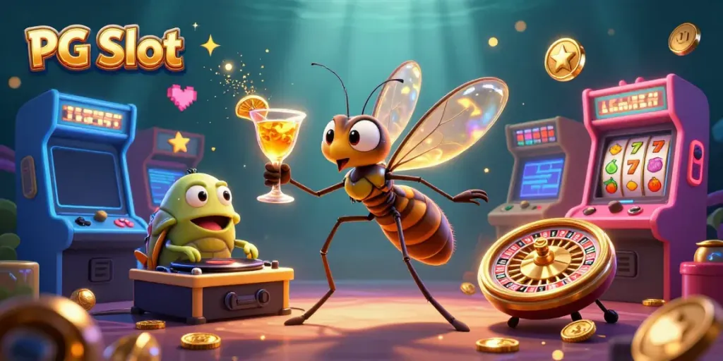 Engage with PG Slot's vibrant casino world featuring animated characters and glowing game elements.