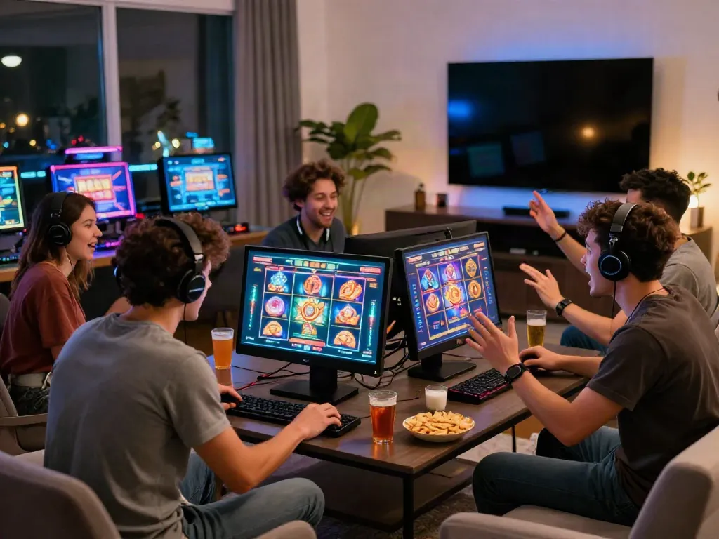 Group enjoying situs slot gacor game in a lively living room atmosphere.