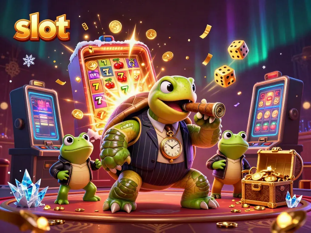 Slot yang menarik dengan penyu kartun dan elemen kasino, pancaran koin, dan simbol keberuntungan.