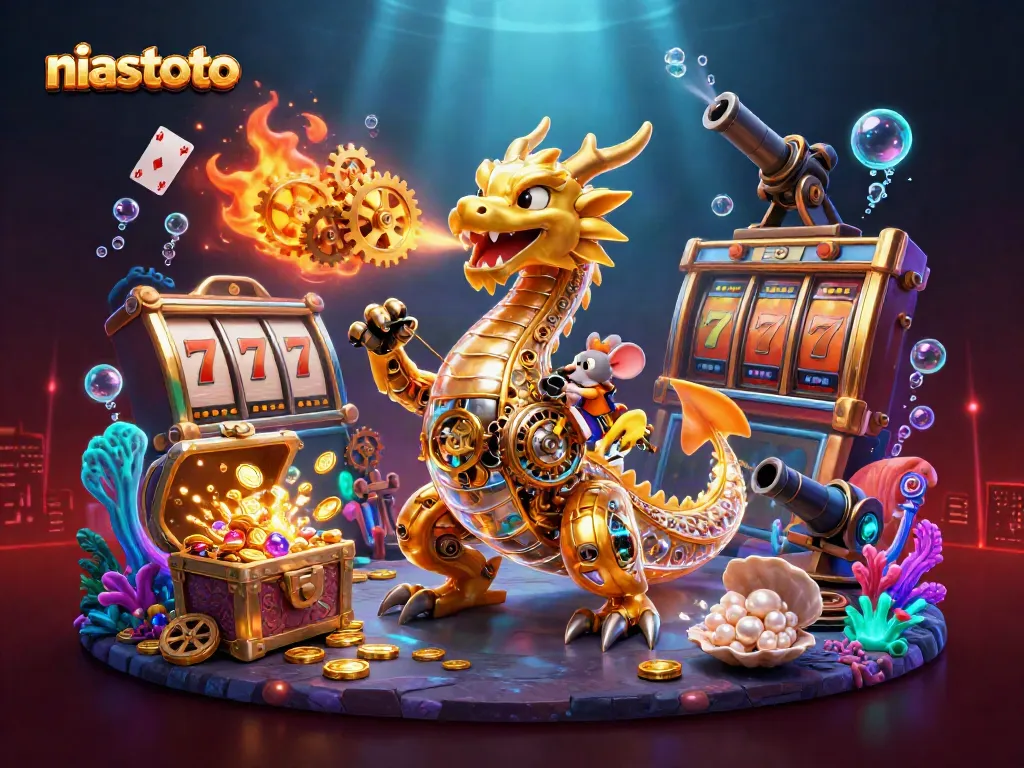 NIASTOTO casino scene featuring a biomechanical dragon and slots with vibrant gaming elements