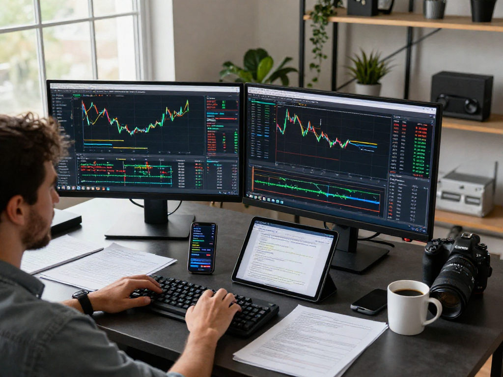 Trader analyzing market data on MetaTrader 5 in a modern workspace.