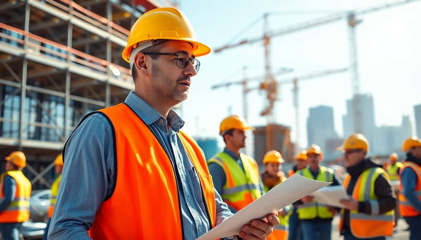 New York Construction Manager overseeing a construction site with workers in action.