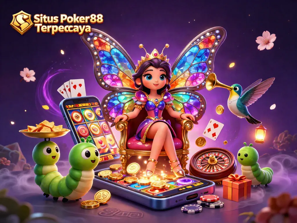 Situs Poker88 Terpercaya showcases a vibrant online casino scene with a butterfly queen amidst action-packed gaming elements.