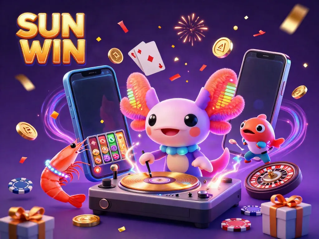 SUN WIN vibrant scene with a neon-colored axolotl DJ, lively characters, and gaming elements.