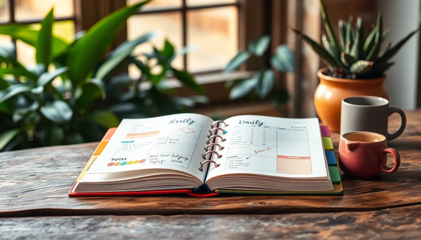 Filling out a stylish weekly and daily planners on a rustic wooden desk with coffee and greenery.