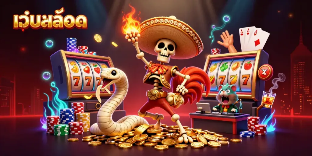Experience winning moments at เว็บสล็อต with vibrant slot reels, golden coins, and engaging character interactions.