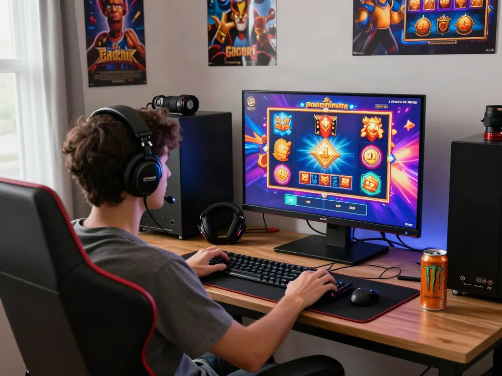Player immersed in slot gacor excitement with vibrant game interface at home gaming setup.