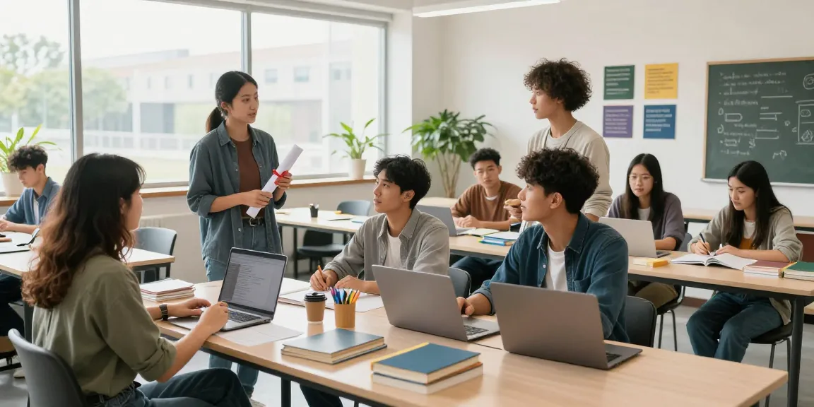Een student met een diploma kopen in een moderne leeromgeving met medestudenten en educatieve hulpmiddelen.