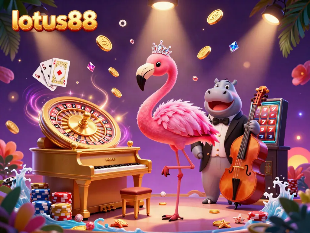 lotus88 hadir dengan penyanyi flamingo dan musisi hippo di kasino, memamerkan kemewahan permainan.