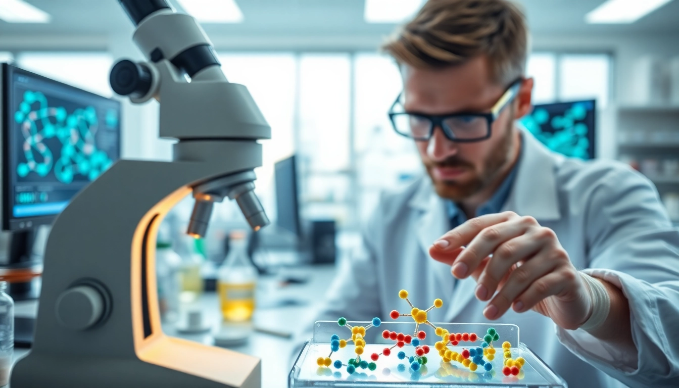 Scientist examining peptide samples in a lab focusing on peptide price and research.