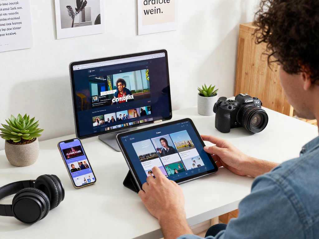 Cocoflix app showcased on a tablet in a tech-savvy workspace, highlighting user engagement with digital entertainment.