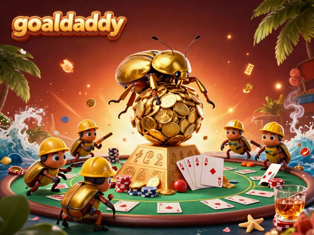 Experience goaldaddy action with a golden beetle rolling coin balls and vibrant casino elements
