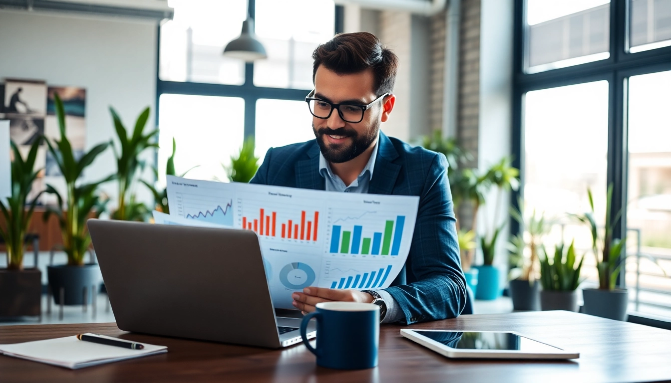 Marketing manager analyzing data in a modern office, reviewing charts and strategic plans.