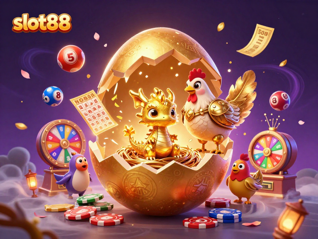 Experience the excitement of slot88 as a golden dragon emerges from treasures in a vibrant casino scene.