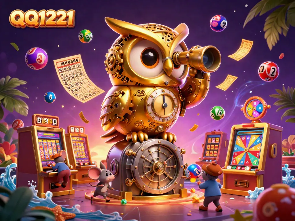 Experience QQ1221 with vibrant casino elements and dynamic games, featuring 3D illustration art.