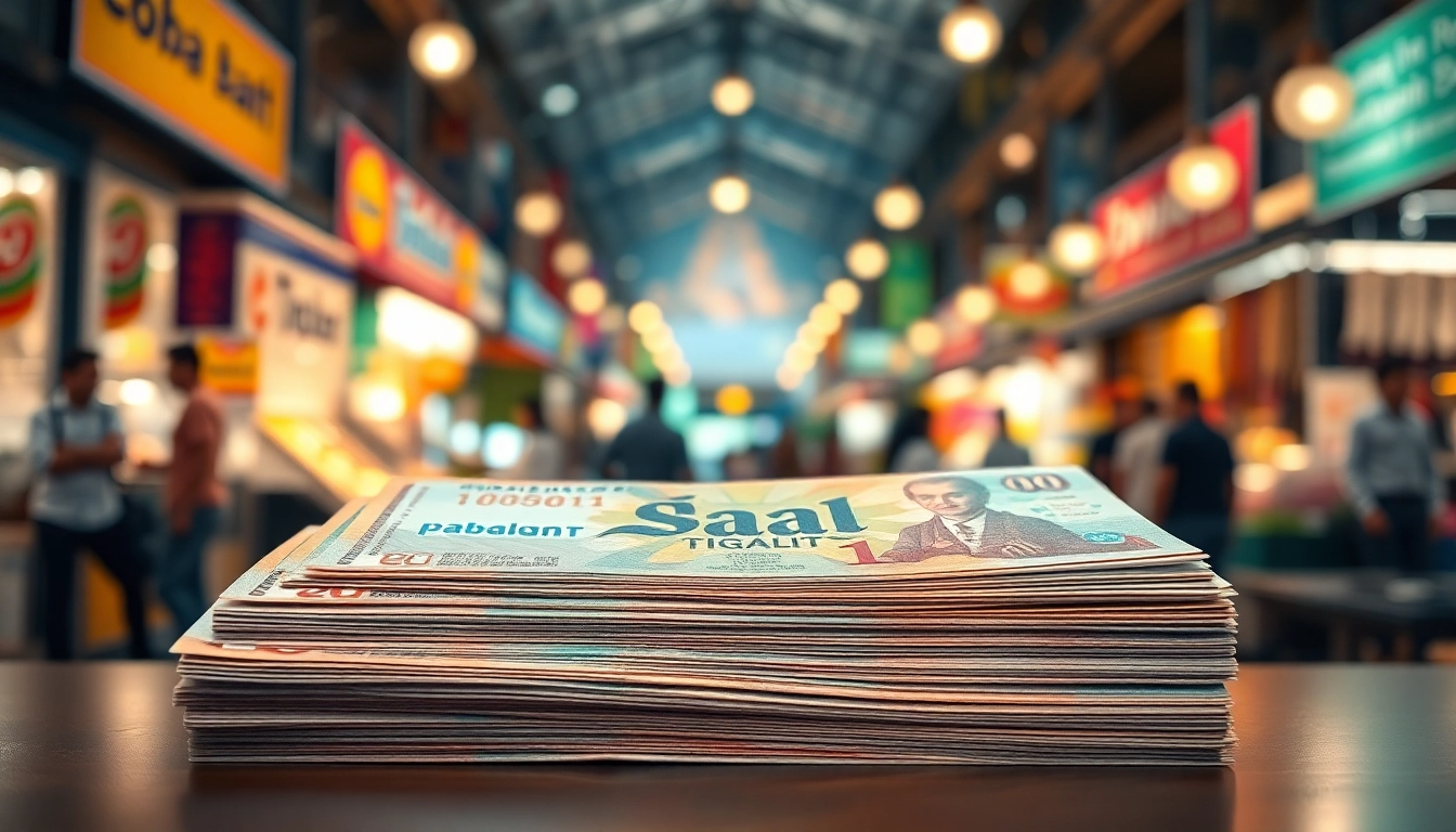 Buy Thai Baht notes attractively arranged with a bustling market background.