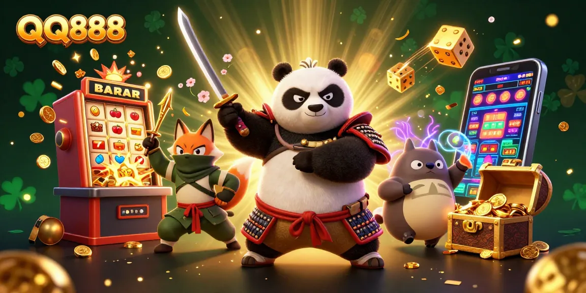 Win big with QQ888 at a dynamic casino scene featuring a samurai panda, ninja fox, and magical tanuki.