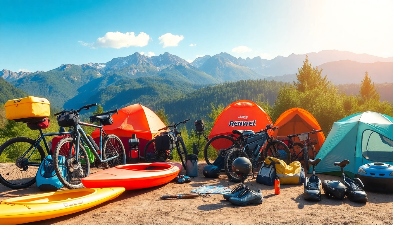 Engaging whitefish equipment rental display set against a backdrop of stunning mountains and greenery.