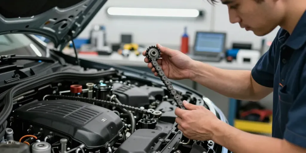 Mechaniker arbeitet an einem BMW-Motor und tauscht die Steuerkette in Hannover aus.