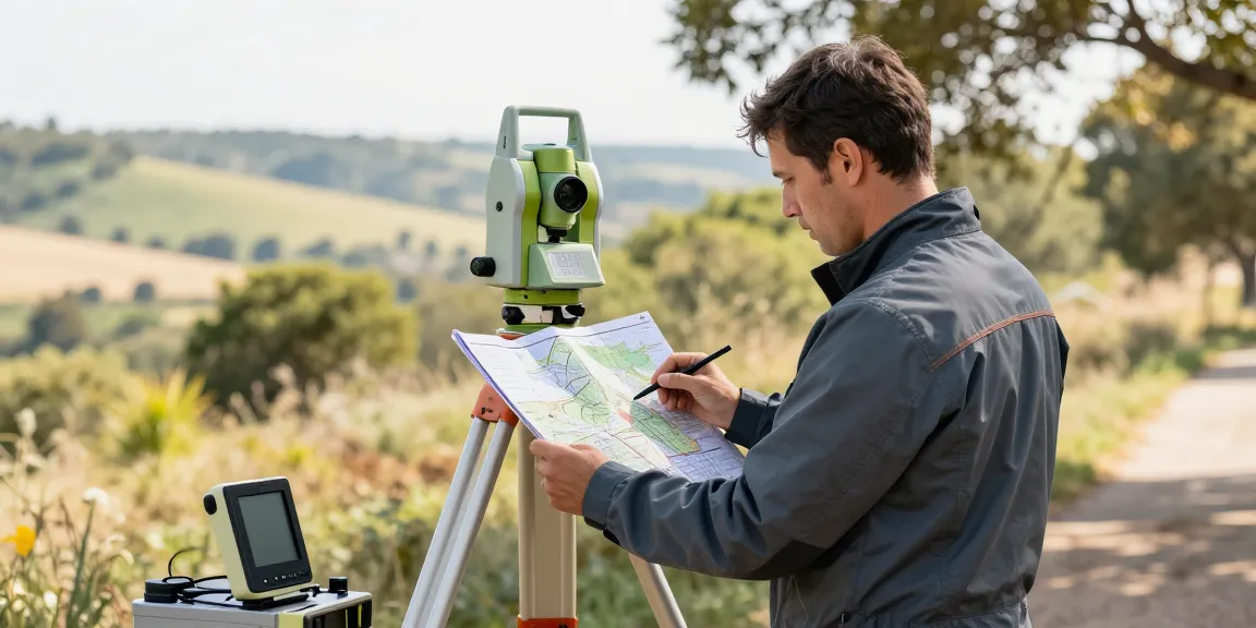 Topographical surveys conducted by a professional surveyor using advanced equipment in a natural landscape.