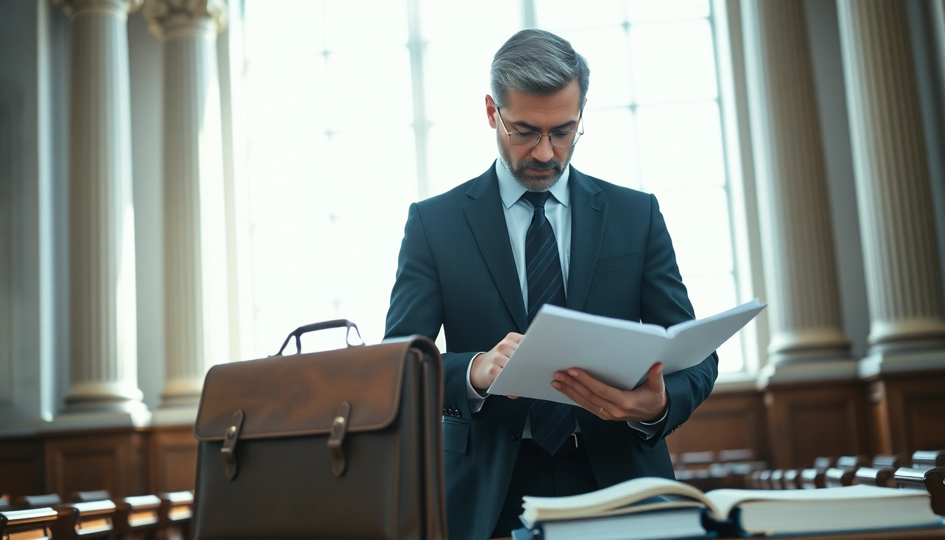 Experienced criminal lawyer in Bridgeport analyzing case files in a courthouse.