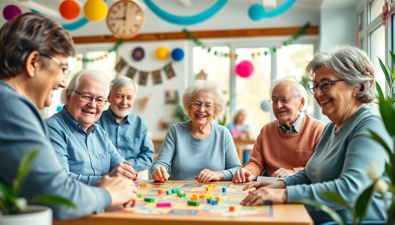 Bejaarde mensen genieten van activiteiten op https://www.handigvoorsenioren.nl/ in een warme, levendige setting.