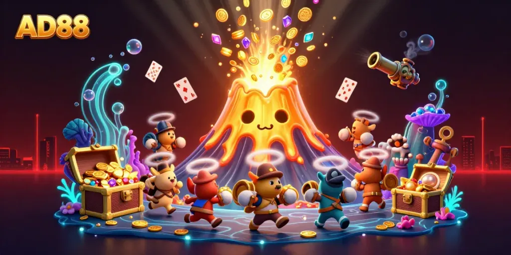 Experience AD88's thrilling gaming adventure with riches and vibrant casino elements in an exciting eruption scene.