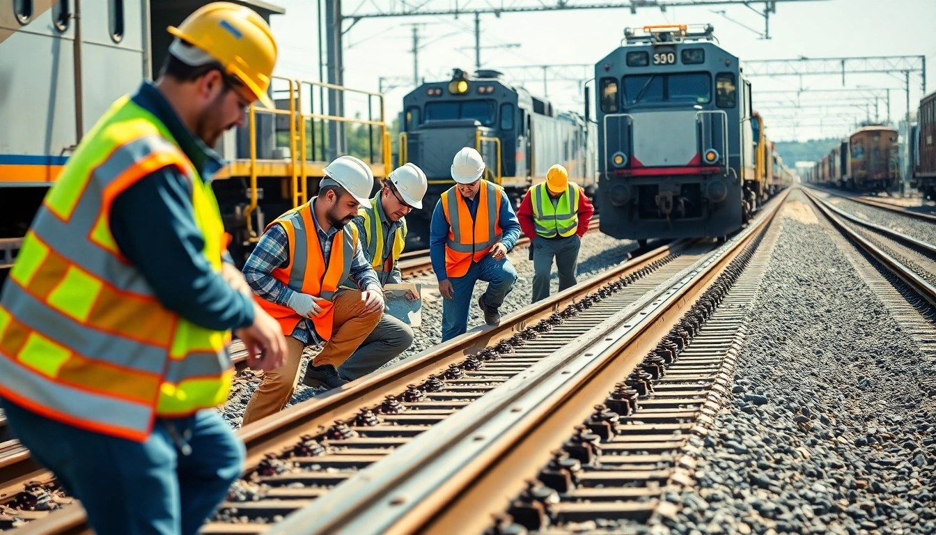 Railroad Contractors collaborating on track installation, showcasing teamwork and expertise in the industry.