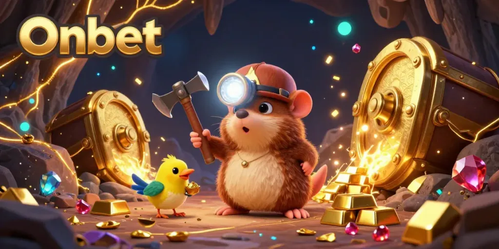 Experience excitement at Onbet with our treasure hunter mole and glittering treasures showcased in vibrant detail.