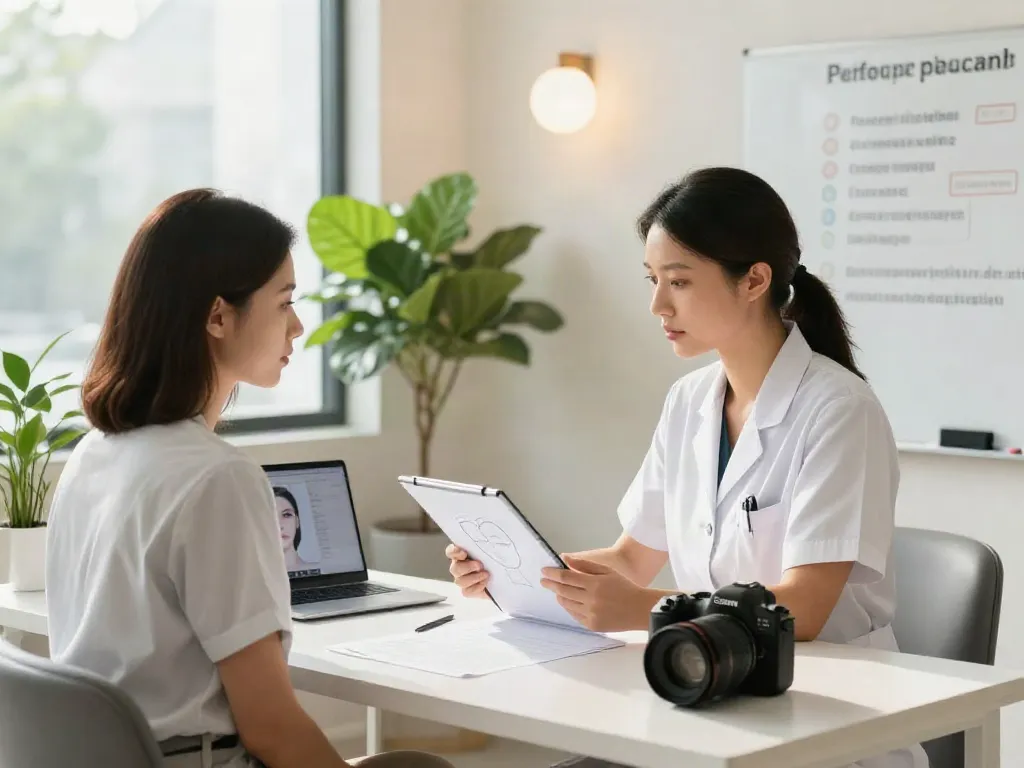 Consultation for Alternatives to QOVES in a modern beauty analysis room, emphasizing facial aesthetics.