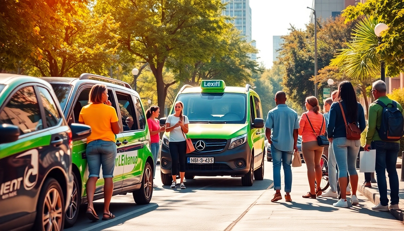 People waiting for on demand ride service amidst a vibrant urban park setting.