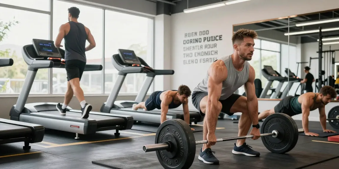 Men's gym clothes showcased during a dynamic workout in a bright fitness studio.