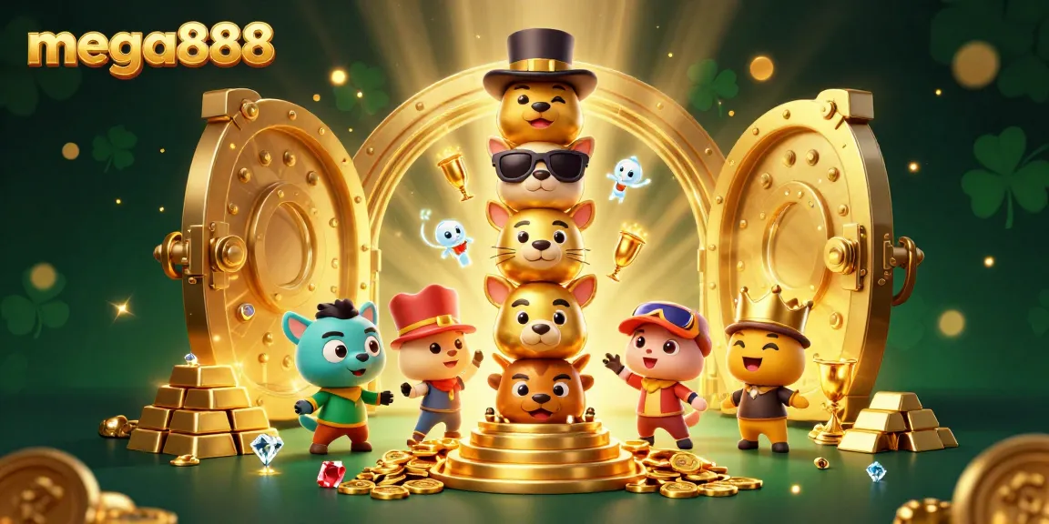Join the excitement of mega888 with a vibrant 3D casino illustration featuring golden treasures and a lively totem.