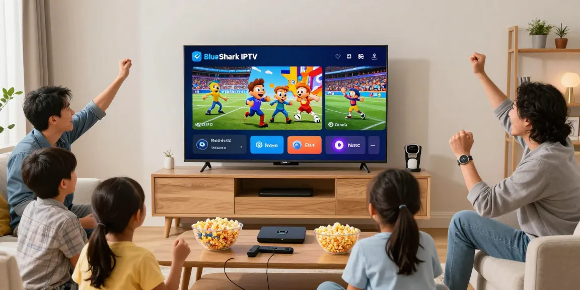 Family enjoying entertainment on BlueShark IPTV in a cozy living room with smart TV and snacks.