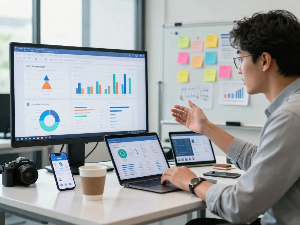 Marketing professional analyzing data to buy app downloads in modern office