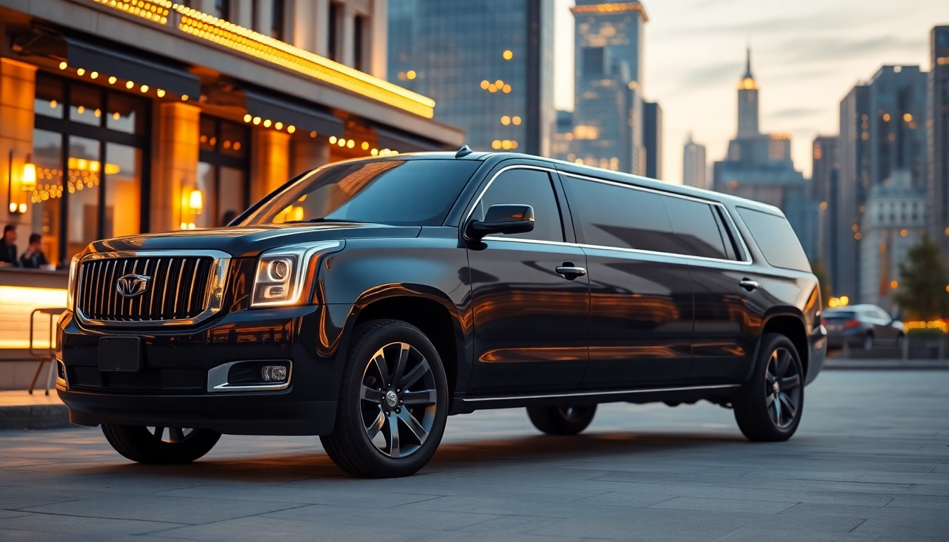 Experience a premium black SUV limo service RI showcasing luxurious design in an urban setting.