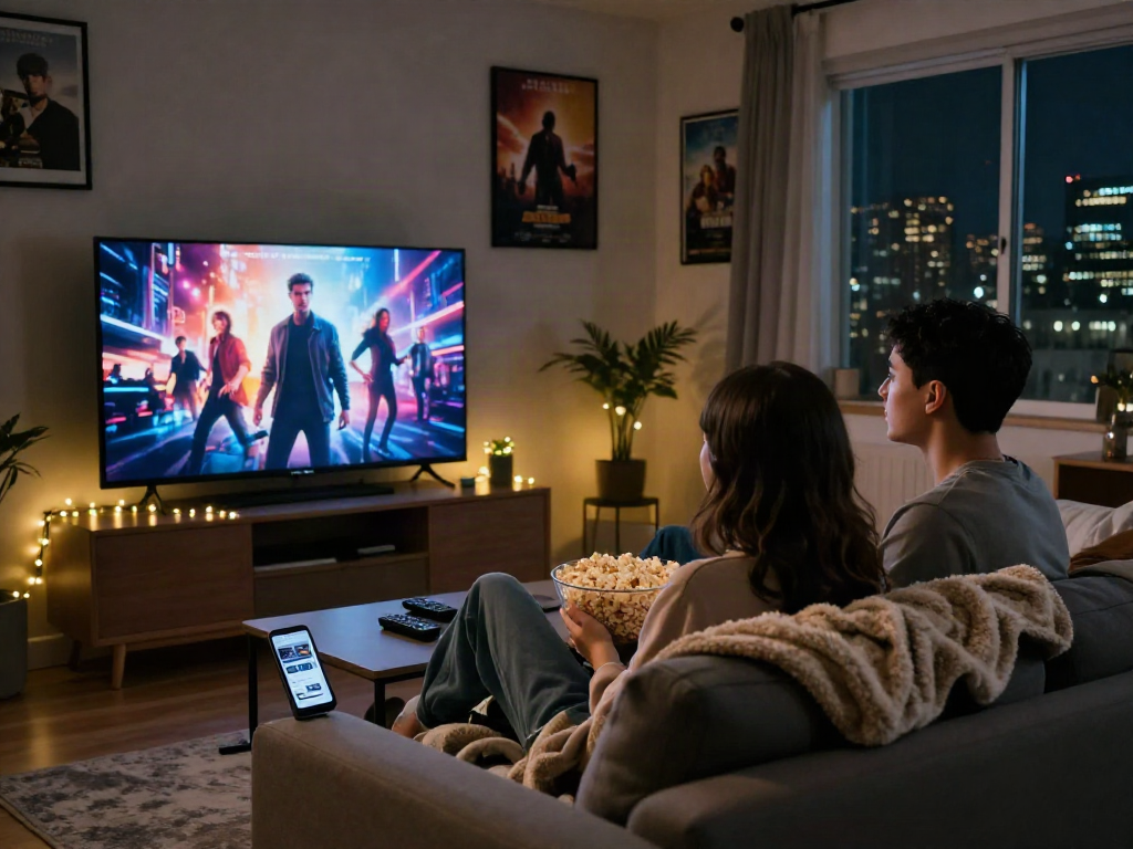 Couple enjoying movies at home using Moviebox apk with popcorn and cozy lighting