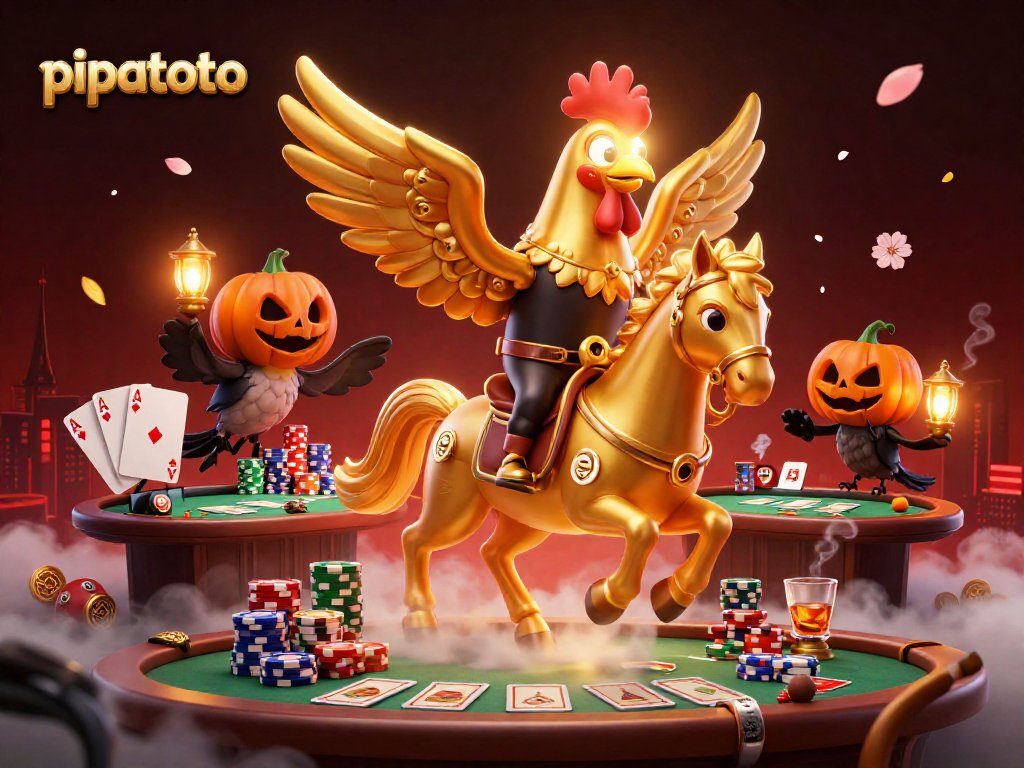 Experience pipatoto's thrilling casino adventure with golden rooster and crow companions in a vibrant, magical setting.