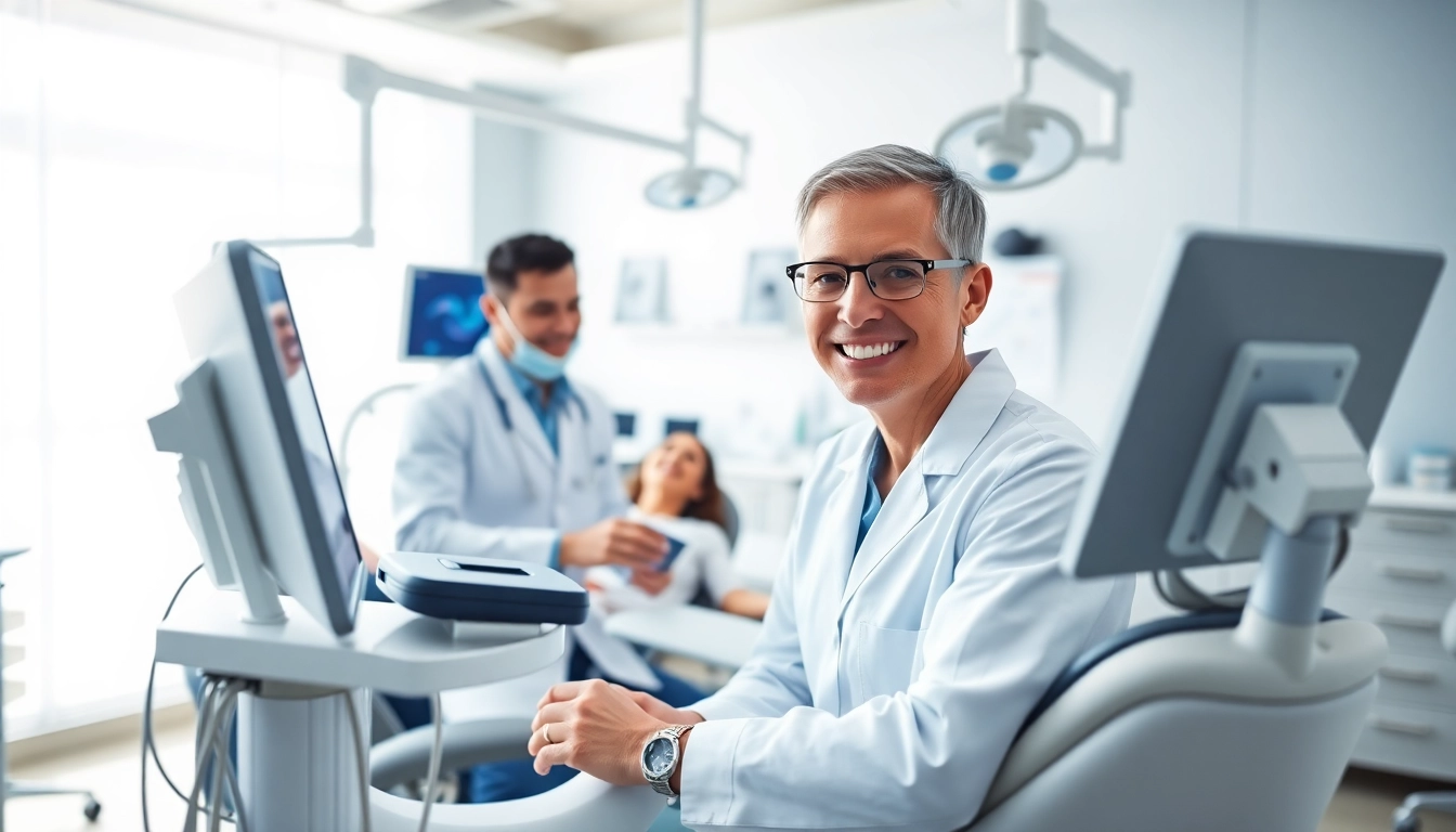 Engaged orthodontist showcasing level orthodontics techniques in a modern dental clinic.