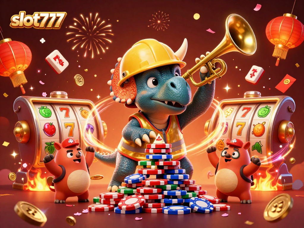 Experience the excitement of slot777 with a vibrant illustration of a triceratops building poker chip pyramids.